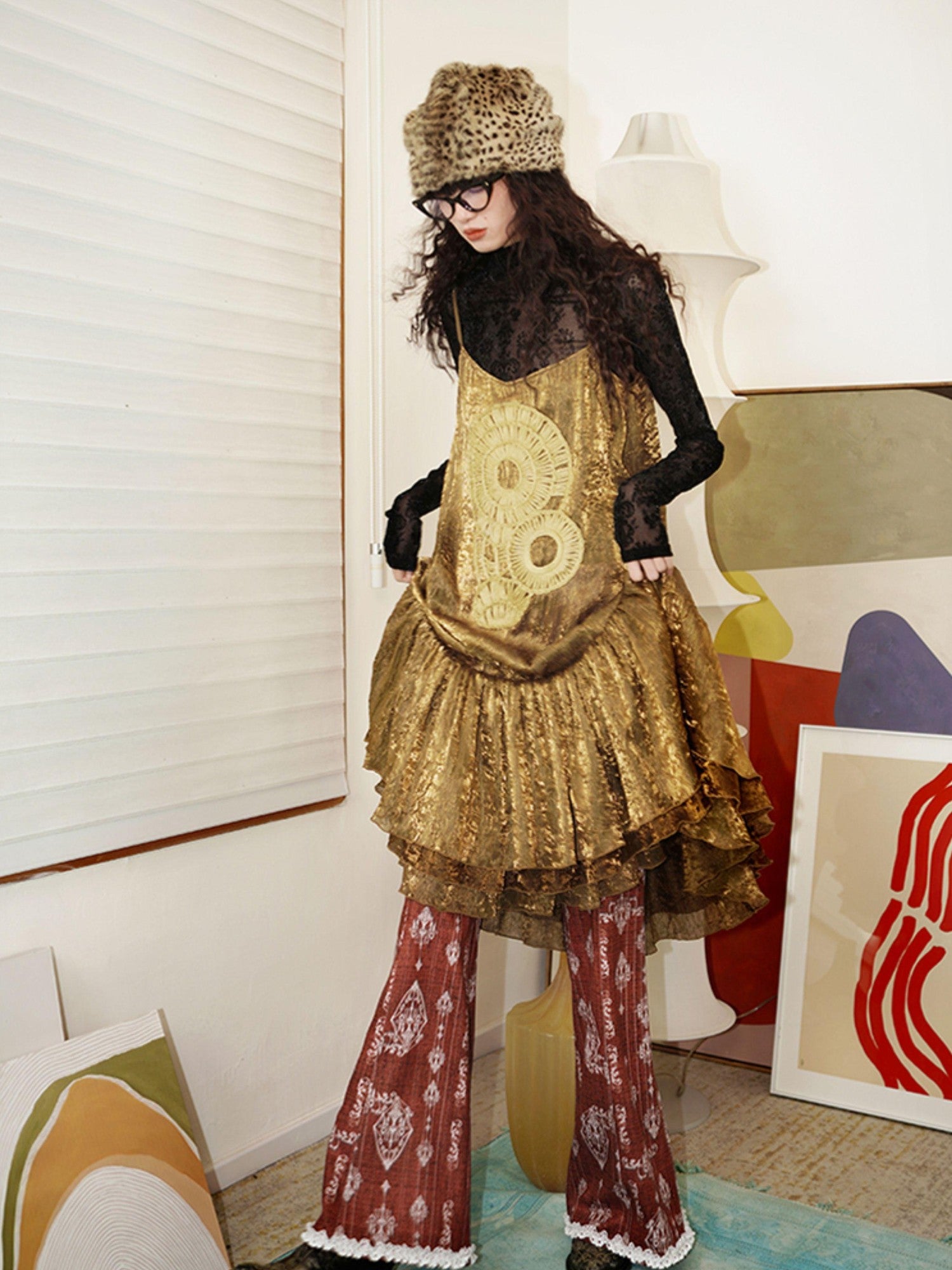 badtaste Gold Shimmer Pleated Semi Sheer Women's Polyester Slip Midi Dresses
