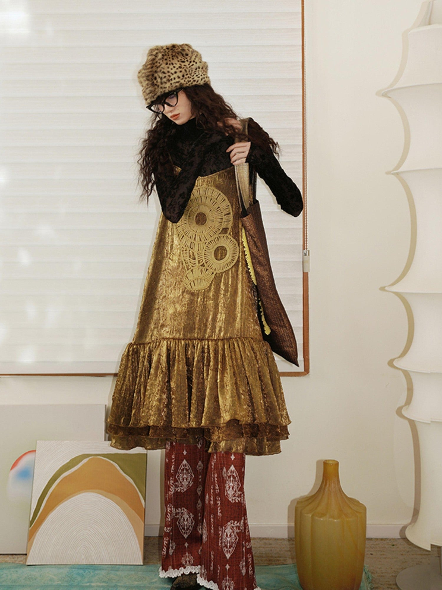 badtaste Gold Shimmer Pleated Semi Sheer Women's Polyester Slip Midi Dresses