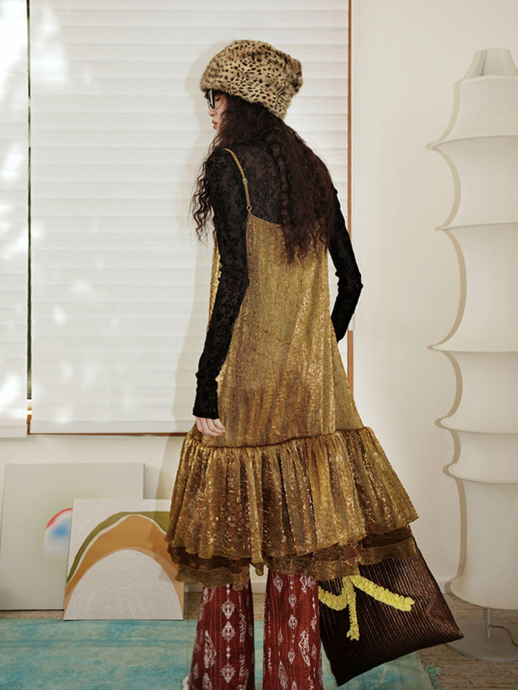 badtaste Gold Shimmer Pleated Semi Sheer Women's Polyester Slip Midi Dresses