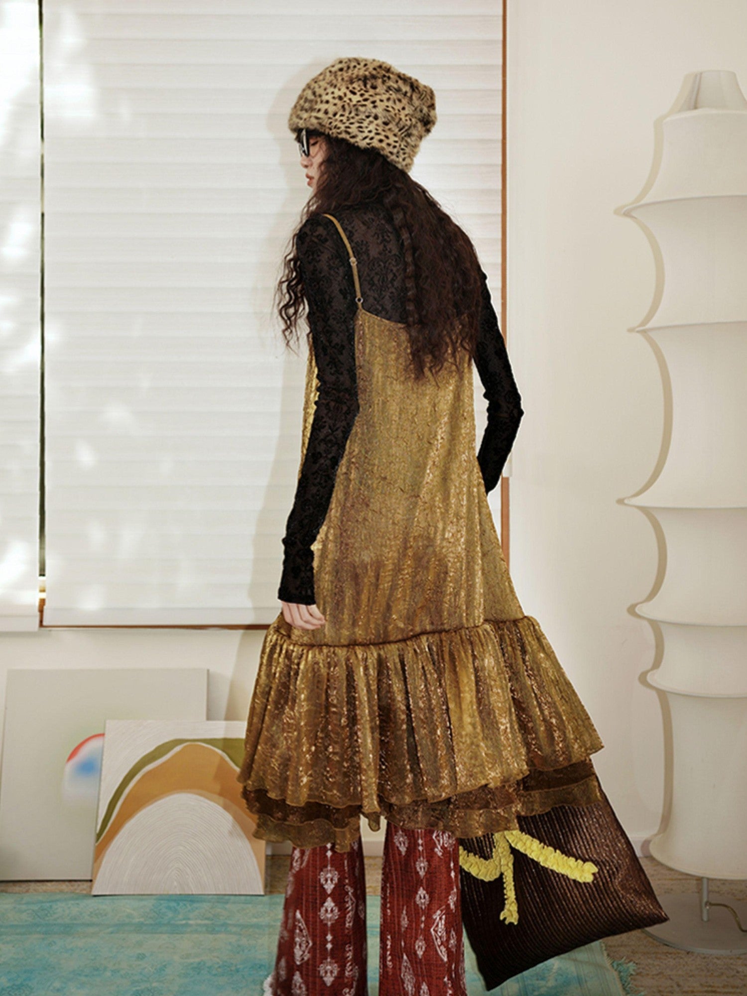 badtaste Gold Shimmer Pleated Semi Sheer Women's Polyester Slip Midi Dresses