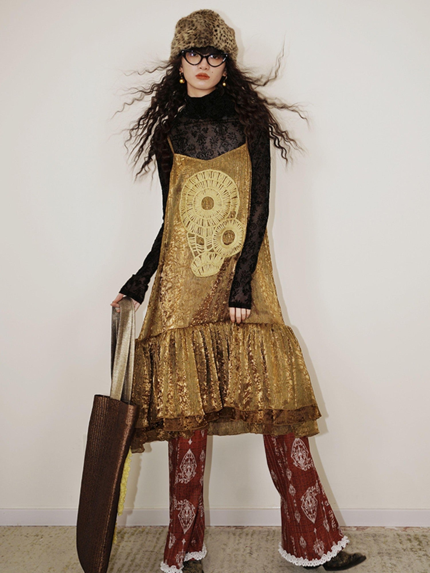 badtaste Gold Shimmer Pleated Semi Sheer Women's Polyester Slip Midi Dresses