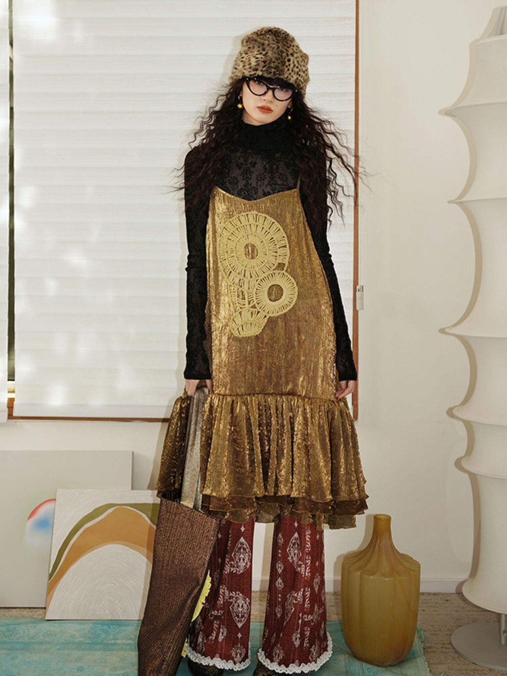 badtaste Gold Shimmer Pleated Semi Sheer Women's Polyester Slip Midi Dresses