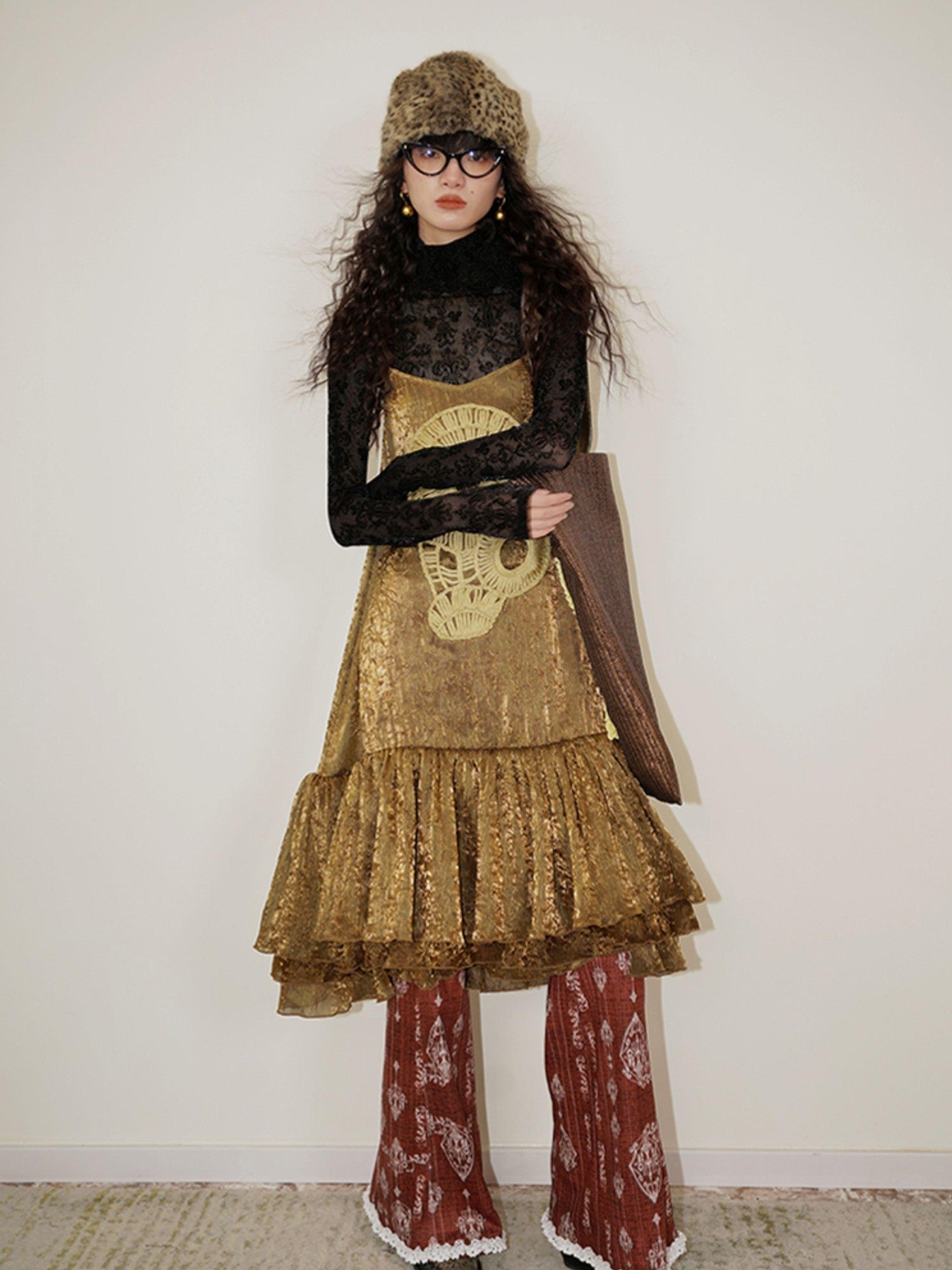 badtaste Gold Shimmer Pleated Semi Sheer Women's Polyester Slip Midi Dresses