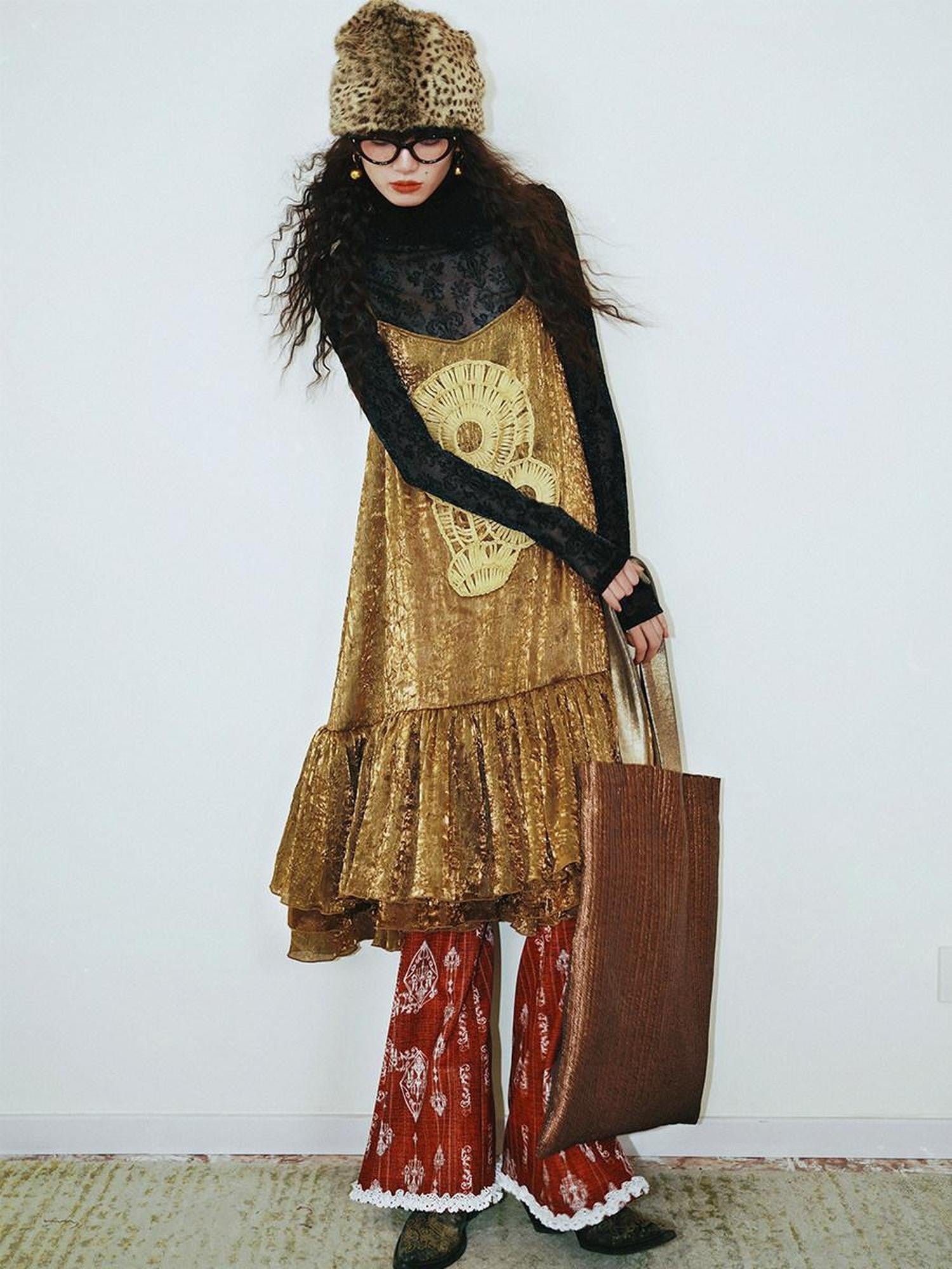 badtaste Gold Shimmer Pleated Semi Sheer Women's Polyester Slip Midi Dresses
