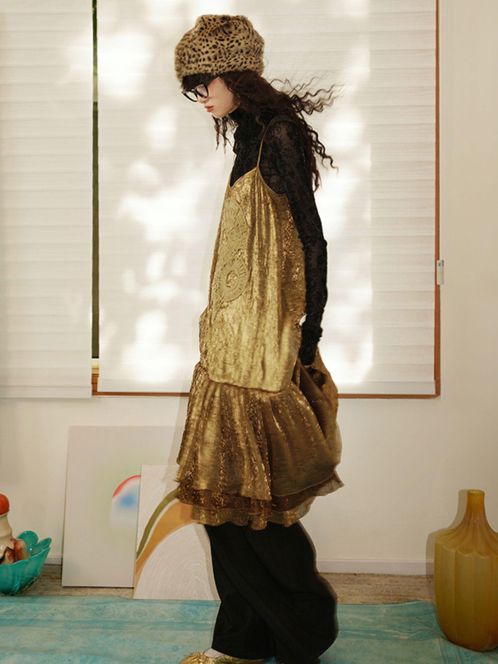 badtaste Gold Shimmer Pleated Semi Sheer Women's Polyester Slip Midi Dresses