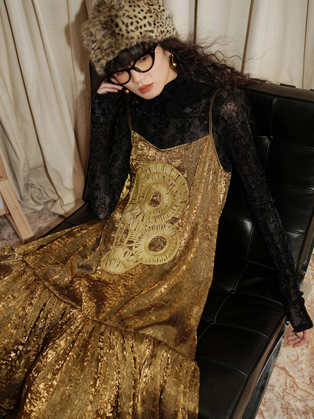 badtaste Gold Shimmer Pleated Semi Sheer Women's Polyester Slip Midi Dresses