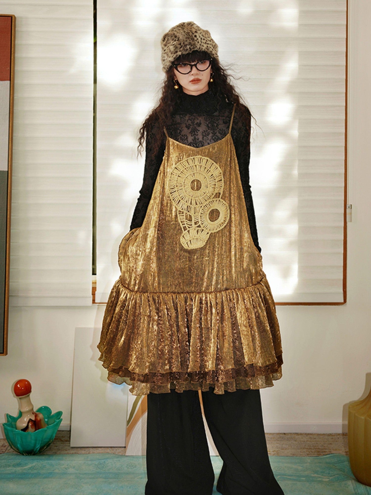 badtaste Gold Shimmer Pleated Semi Sheer Women's Polyester Slip Midi Dresses