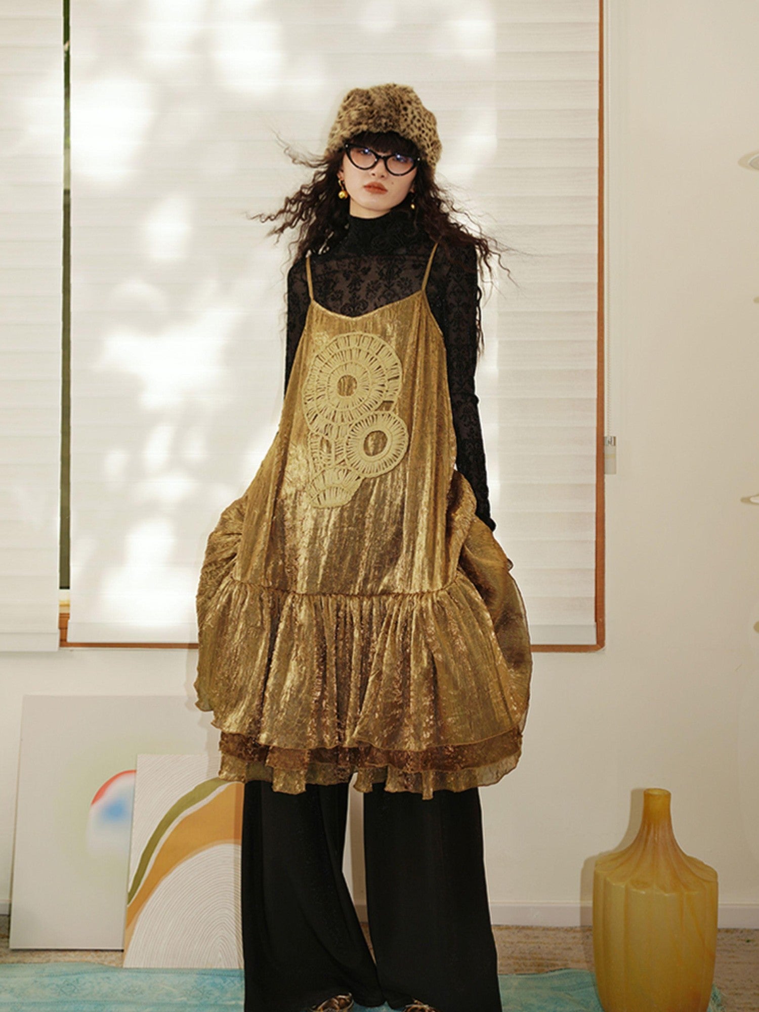 badtaste Gold Shimmer Pleated Semi Sheer Women's Polyester Slip Midi Dresses
