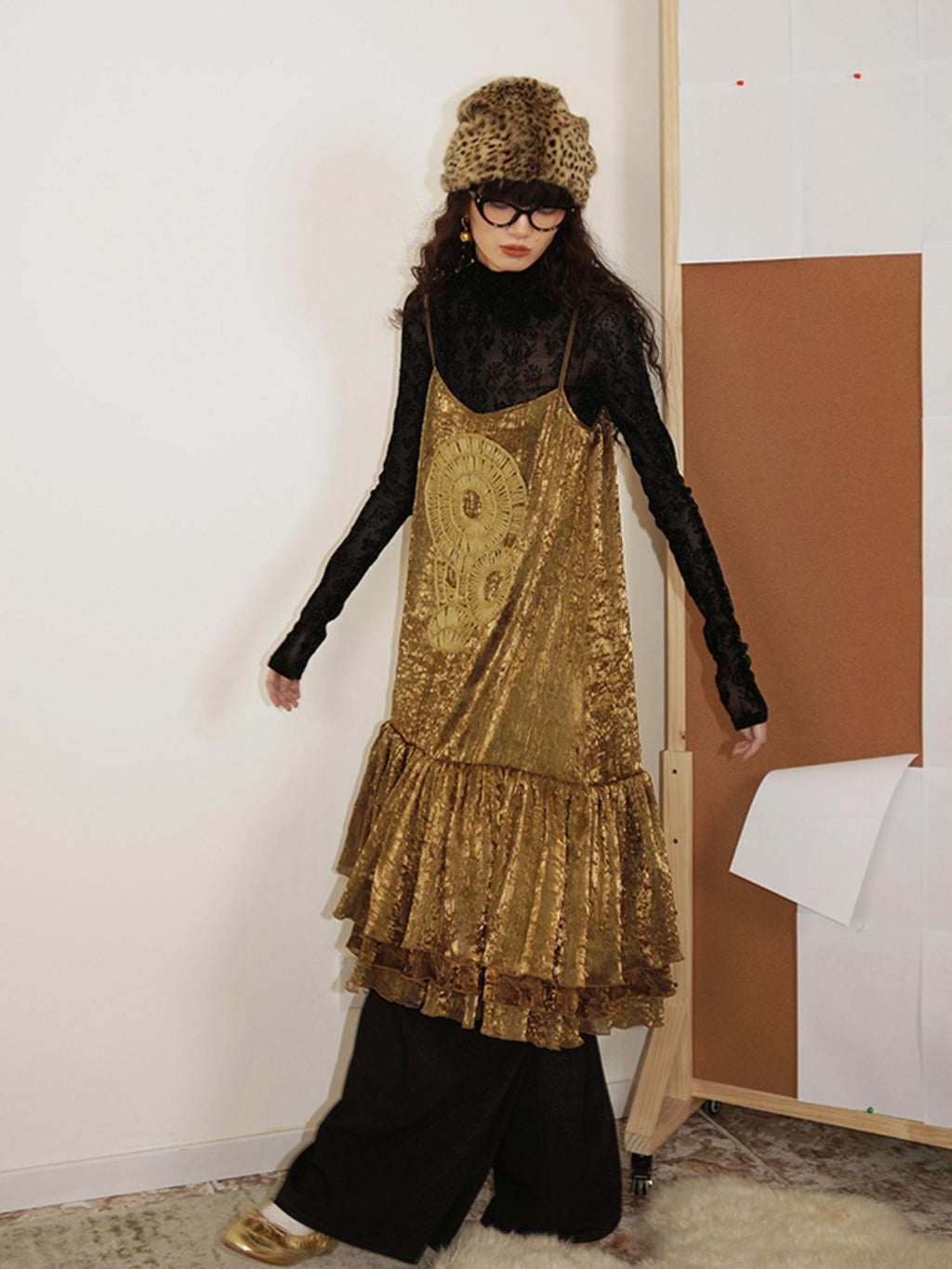 badtaste Gold Shimmer Pleated Semi Sheer Women's Polyester Slip Midi Dresses