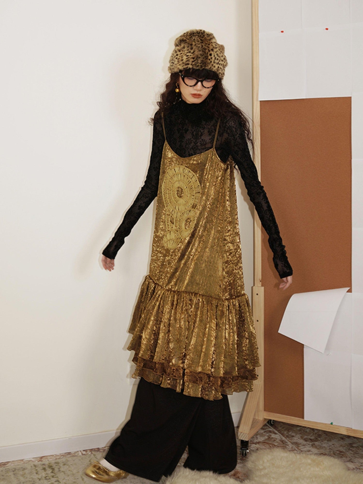 badtaste Gold Shimmer Pleated Semi Sheer Women's Polyester Slip Midi Dresses
