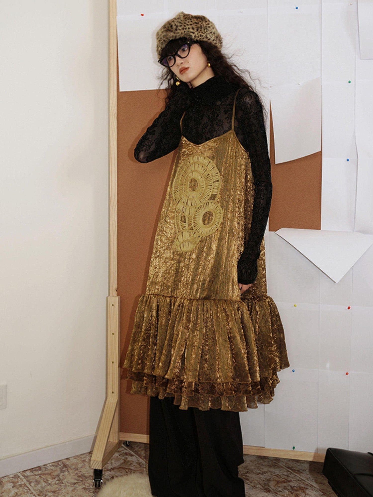 badtaste Gold Shimmer Pleated Semi Sheer Women's Polyester Slip Midi Dresses