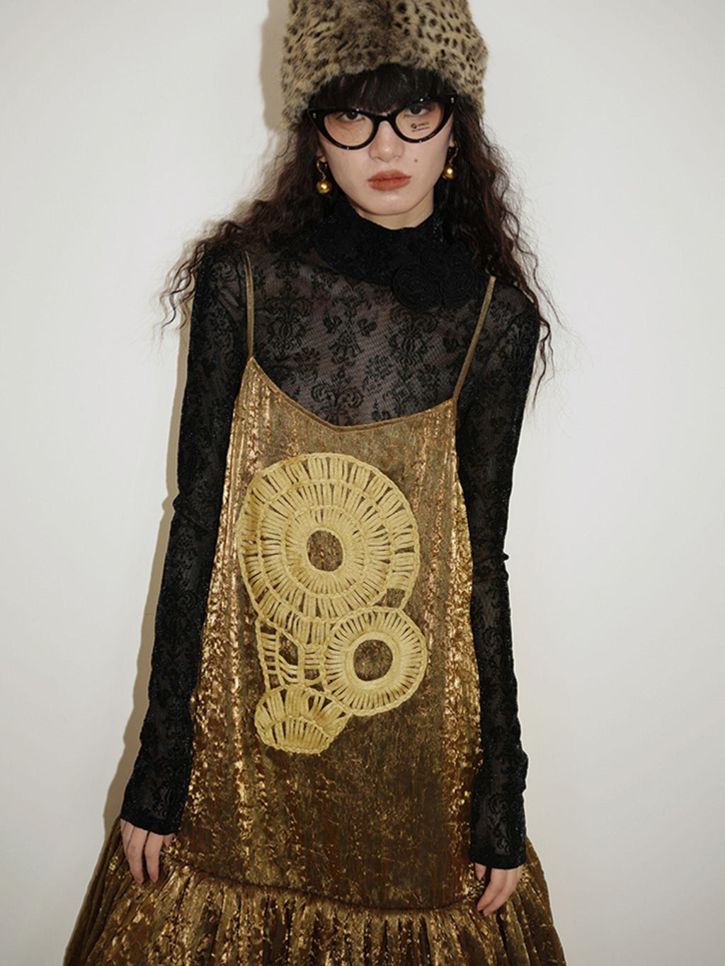badtaste Gold Shimmer Pleated Semi Sheer Women's Polyester Slip Midi Dresses