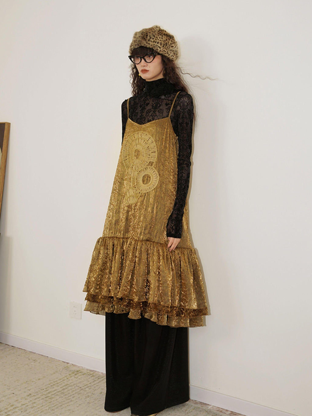badtaste Gold Shimmer Pleated Semi Sheer Women's Polyester Slip Midi Dresses