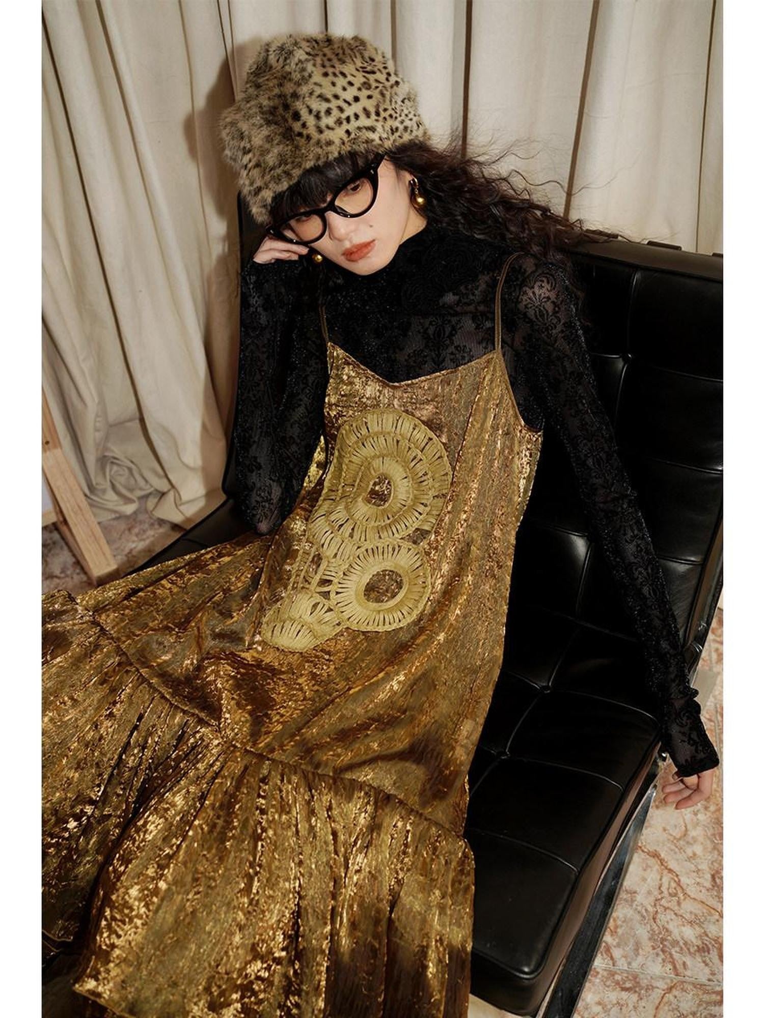 badtaste Gold Shimmer Pleated Semi Sheer Women's Polyester Slip Midi Dresses