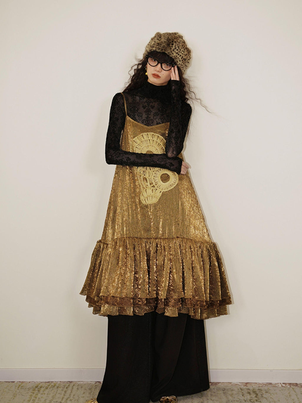 badtaste Gold Shimmer Pleated Semi Sheer Women's Polyester Slip Midi Dresses