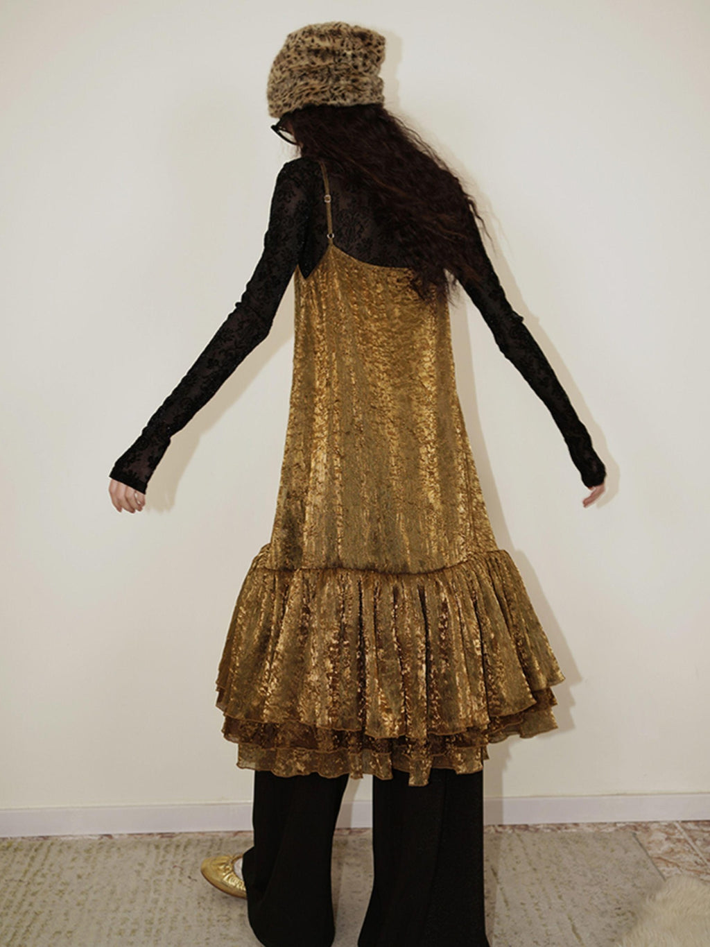 badtaste Gold Shimmer Pleated Semi Sheer Women's Polyester Slip Midi Dresses