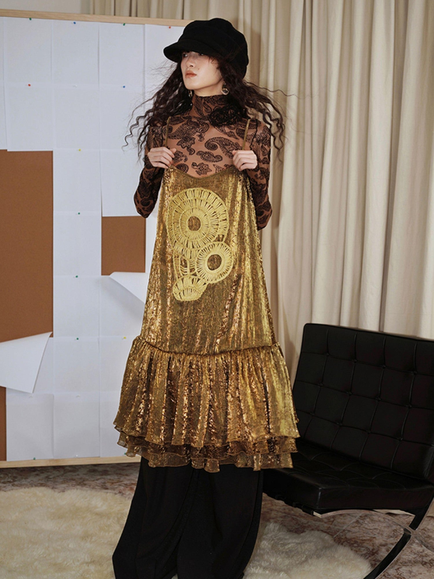 badtaste Gold Shimmer Pleated Semi Sheer Women's Polyester Slip Midi Dresses