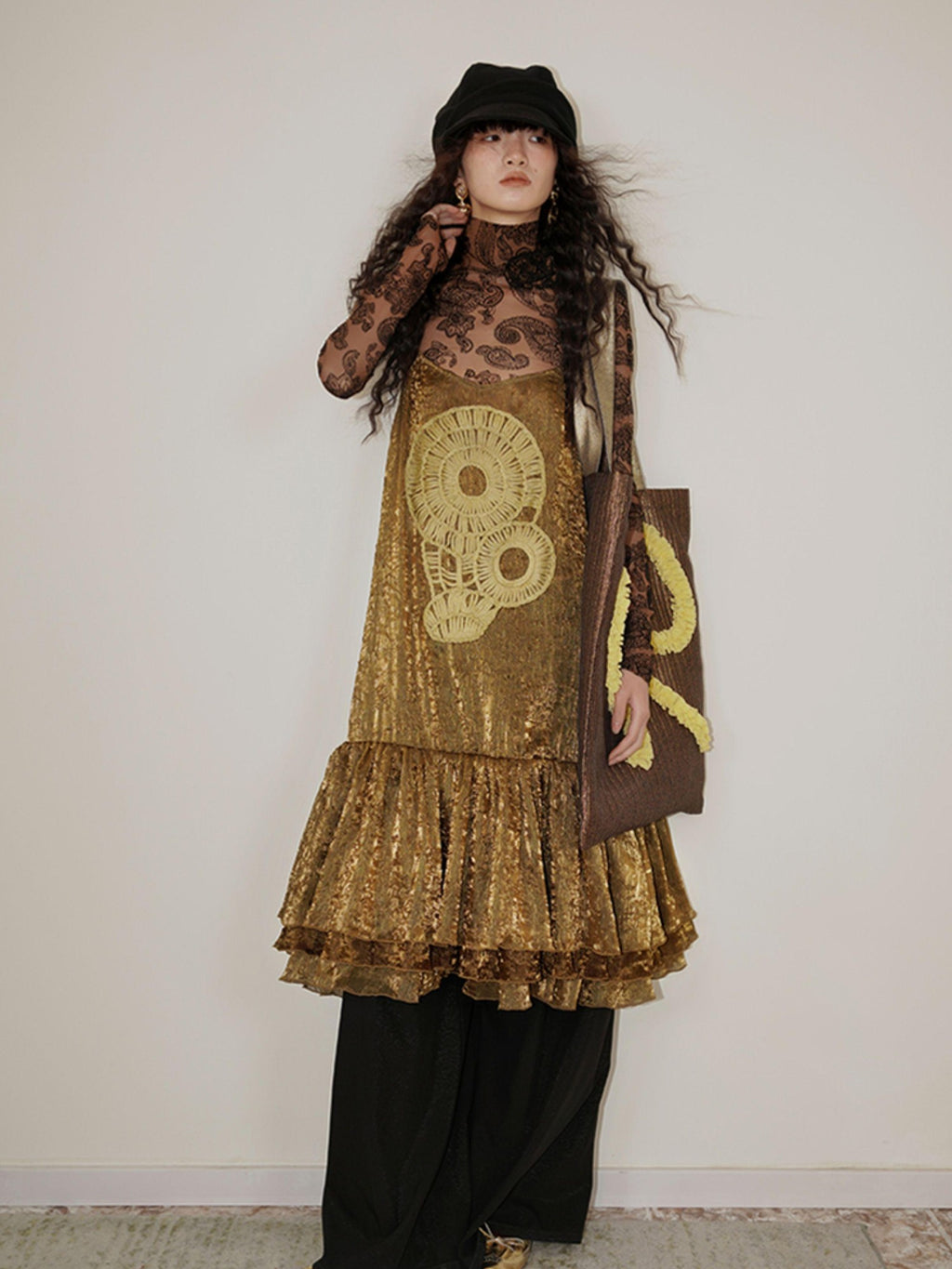 badtaste Gold Shimmer Pleated Semi Sheer Women's Polyester Slip Midi Dresses