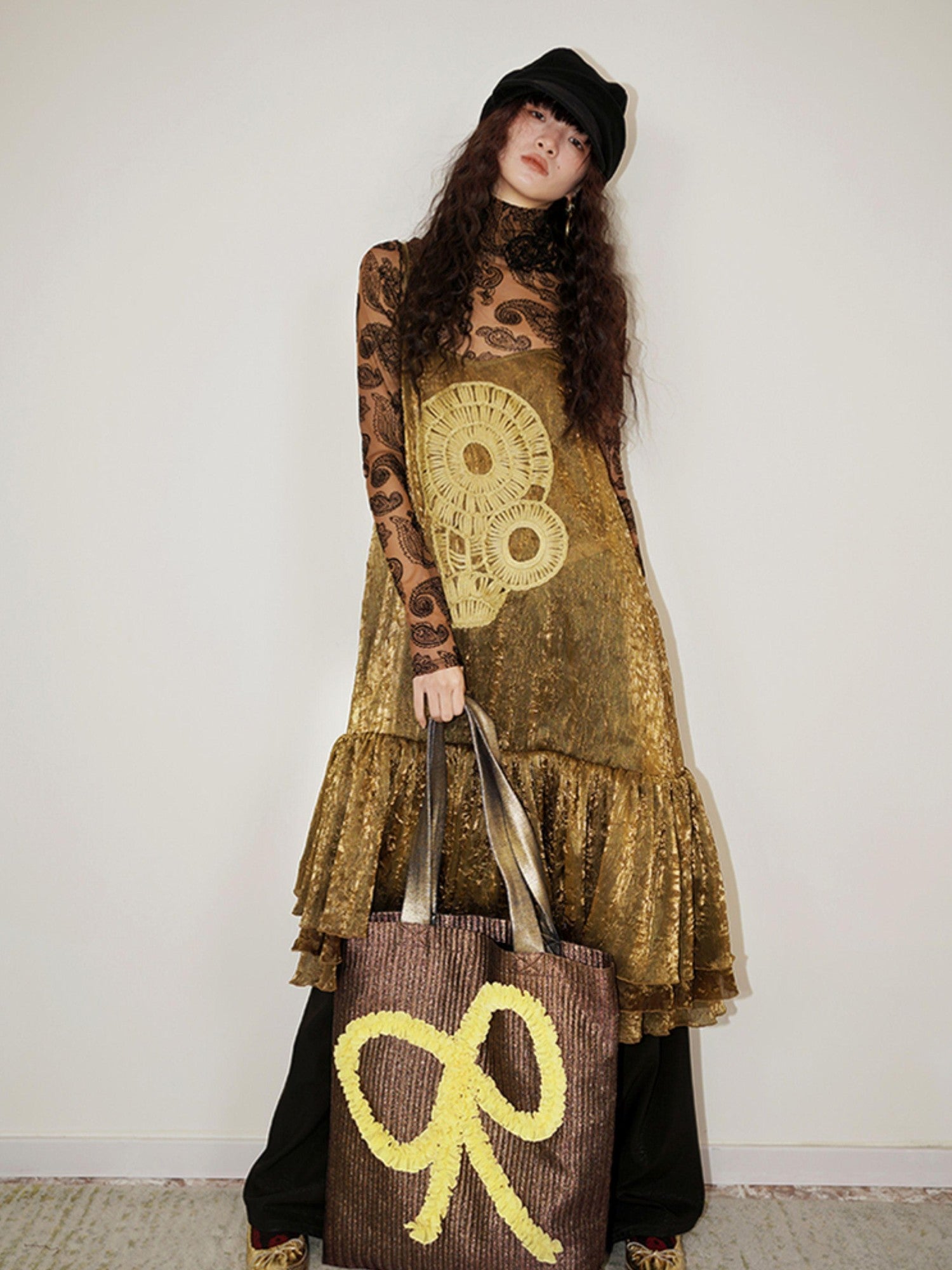 badtaste Gold Shimmer Pleated Semi Sheer Women's Polyester Slip Midi Dresses