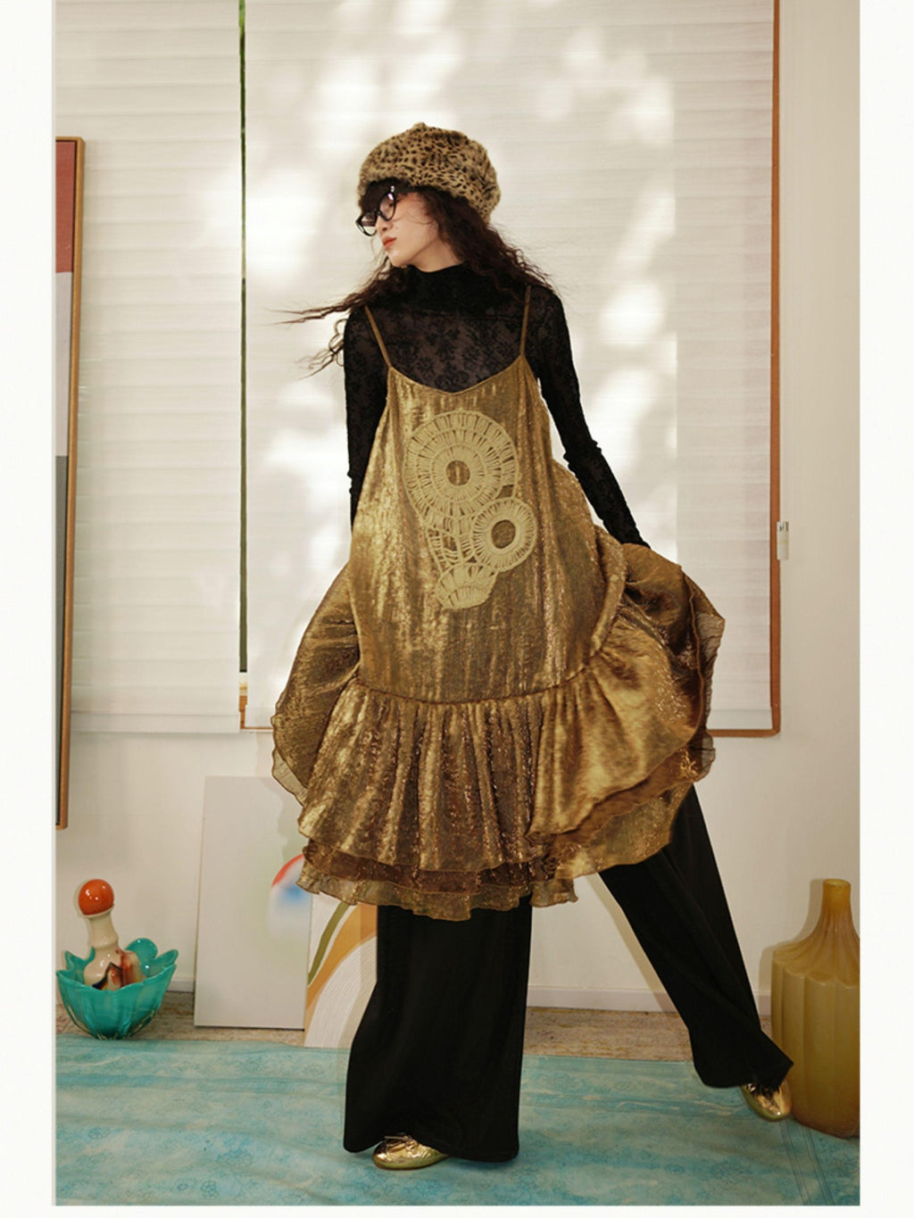 badtaste Gold Shimmer Pleated Semi Sheer Women's Polyester Slip Midi Dresses