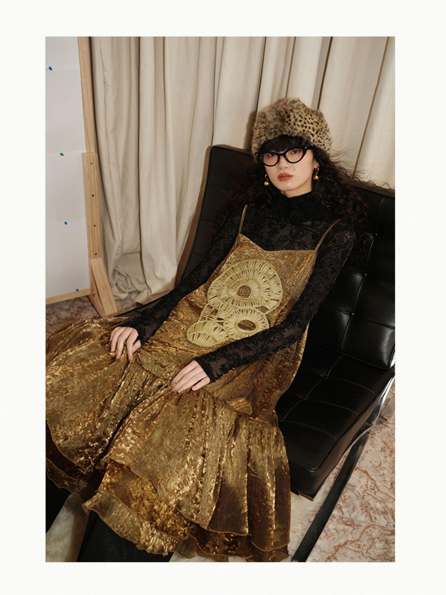 badtaste Gold Shimmer Pleated Semi Sheer Women's Polyester Slip Midi Dresses