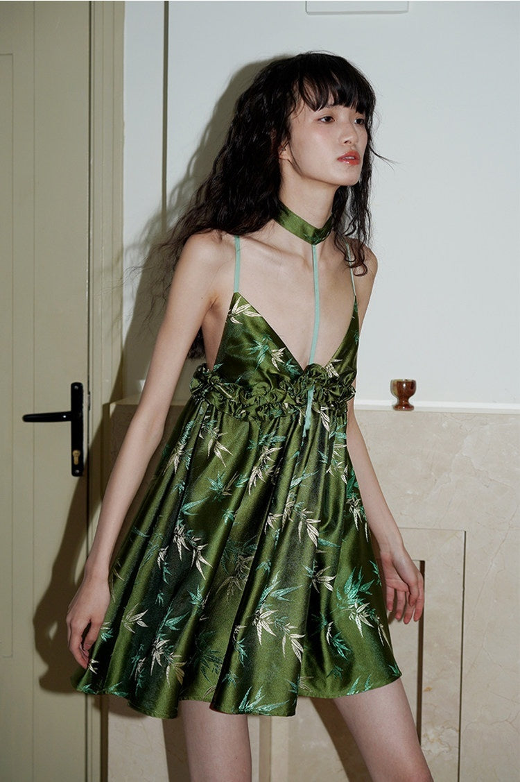 badtaste_Green_New_Chinese_Bamboo_Leaf_Jacquard_Halter_A_Line_Women's_Slip_Mini_Dresses_711746108711_MISSTT