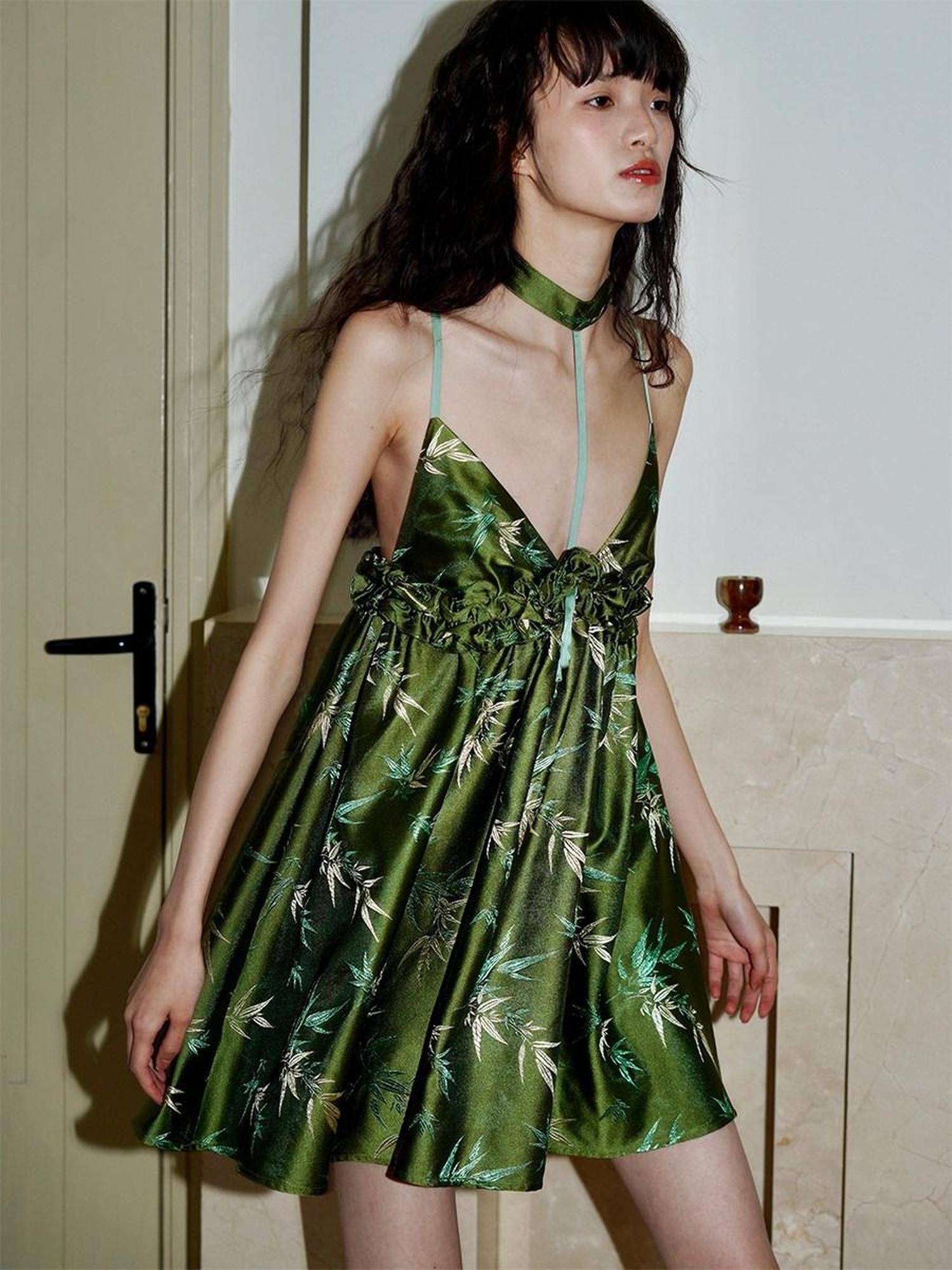 badtaste Green New Chinese Bamboo Leaf Jacquard Halter A Line Women's Slip Mini Dresses