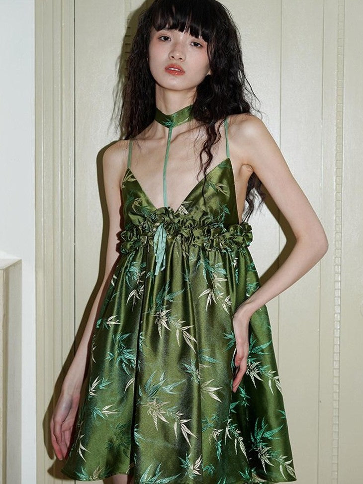badtaste Green New Chinese Bamboo Leaf Jacquard Halter A Line Women's Slip Mini Dresses