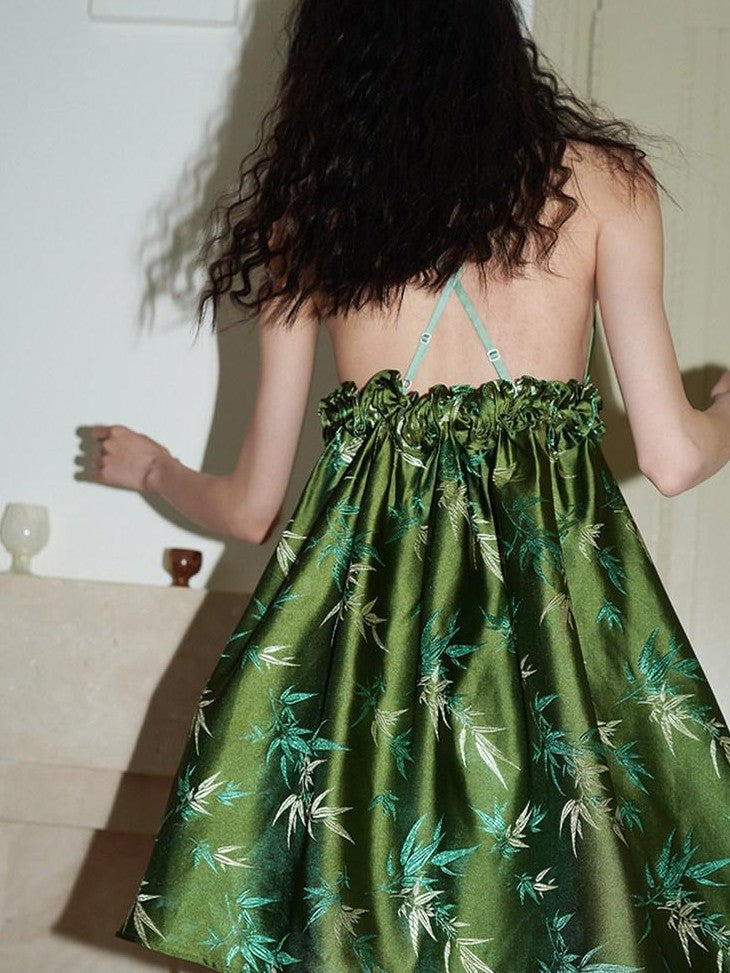 badtaste Green New Chinese Bamboo Leaf Jacquard Halter A Line Women's Slip Mini Dresses