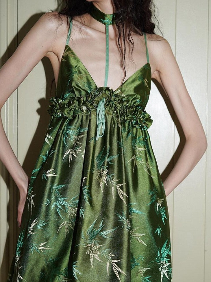 badtaste Green New Chinese Bamboo Leaf Jacquard Halter A Line Women's Slip Mini Dresses