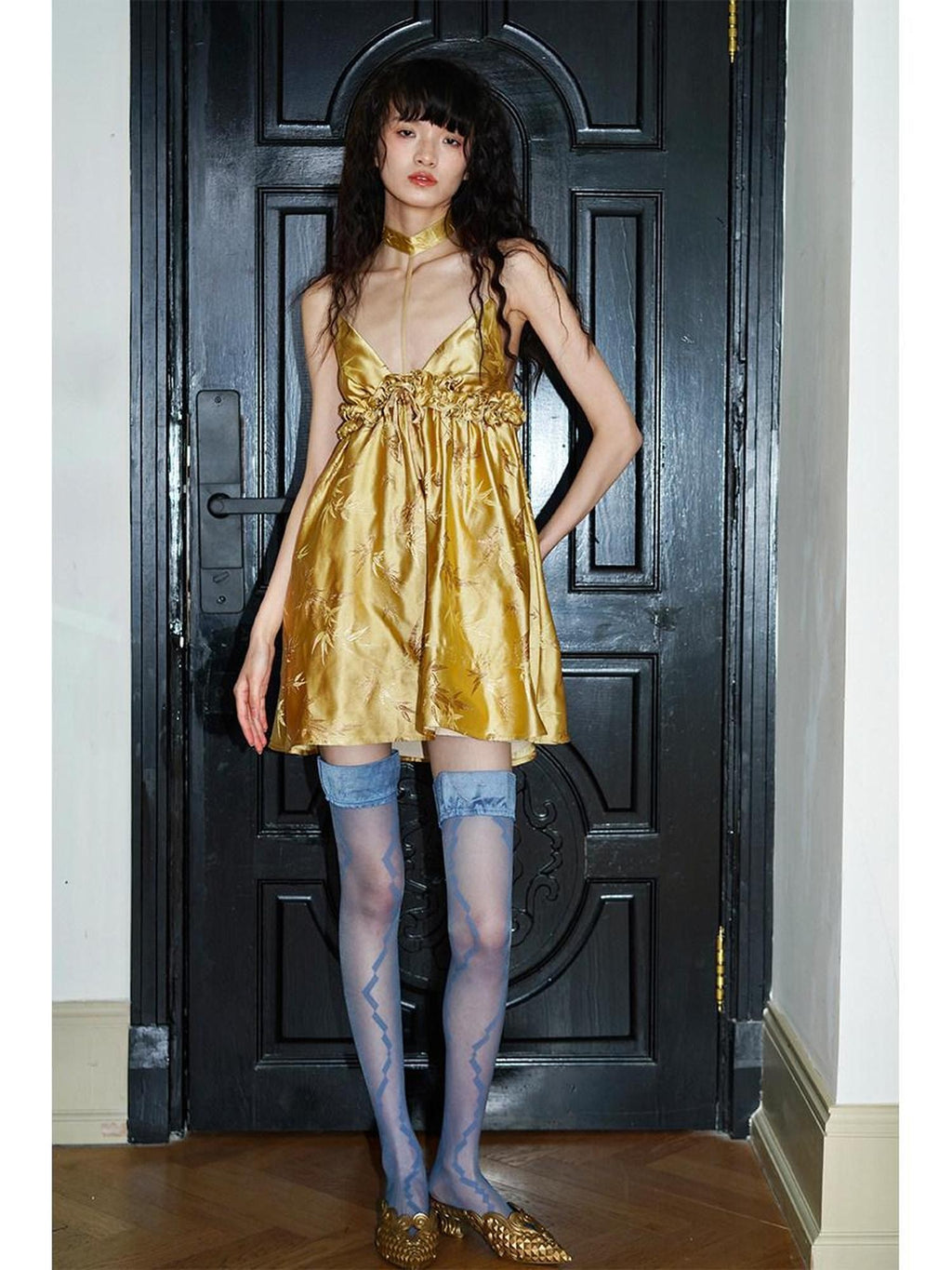 badtaste Green New Chinese Bamboo Leaf Jacquard Halter A Line Women's Slip Mini Dresses