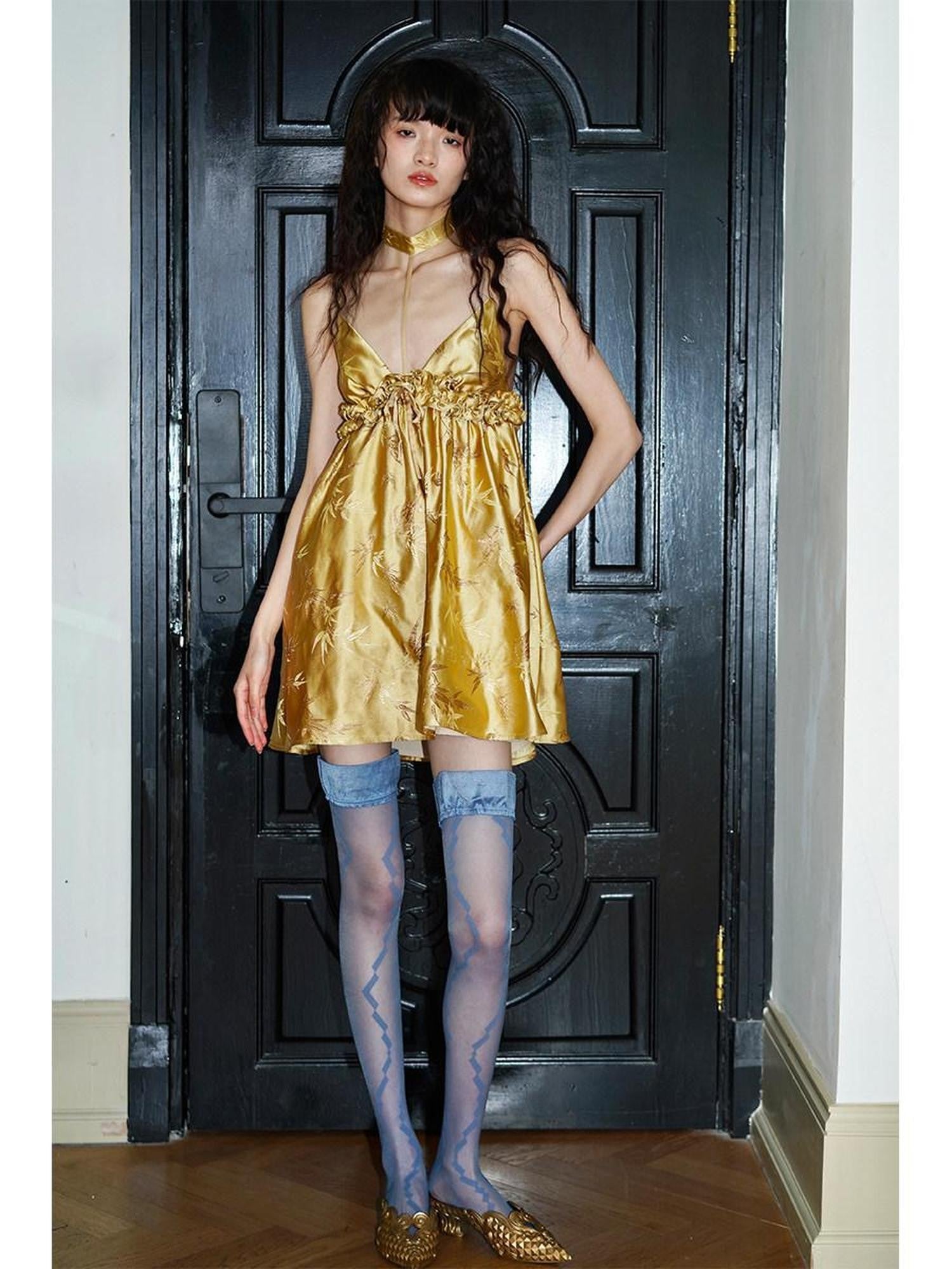 badtaste Green New Chinese Bamboo Leaf Jacquard Halter A Line Women's Slip Mini Dresses