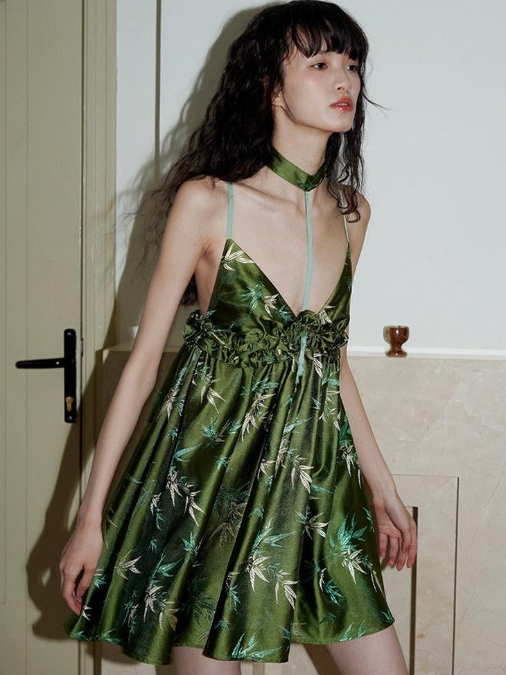 badtaste Green New Chinese Bamboo Leaf Jacquard Halter A Line Women's Slip Mini Dresses