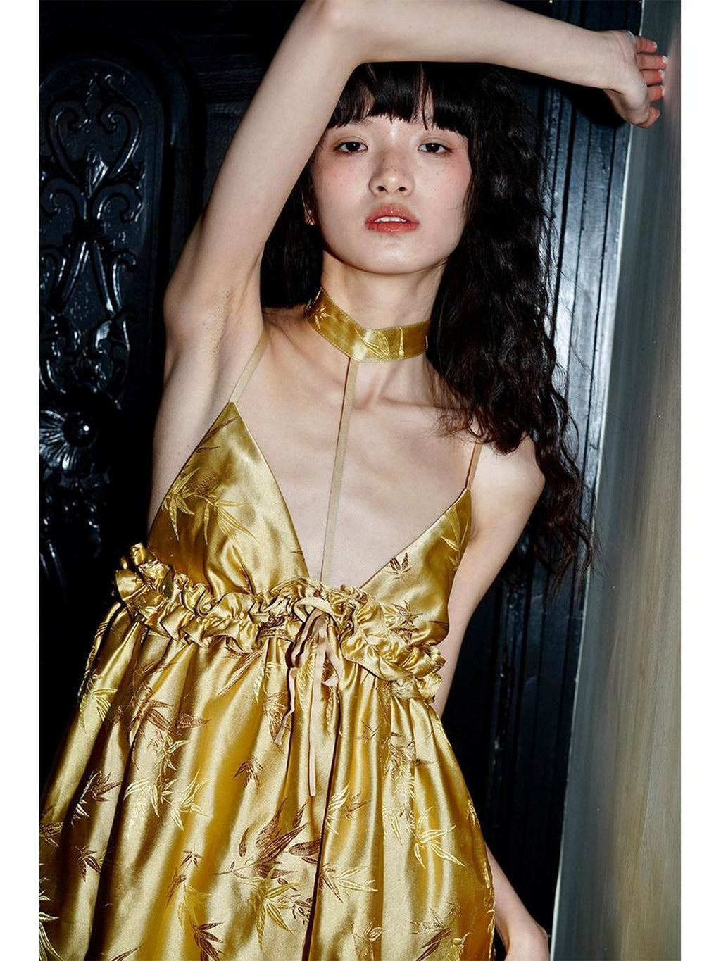 badtaste Green New Chinese Bamboo Leaf Jacquard Halter A Line Women's Slip Mini Dresses