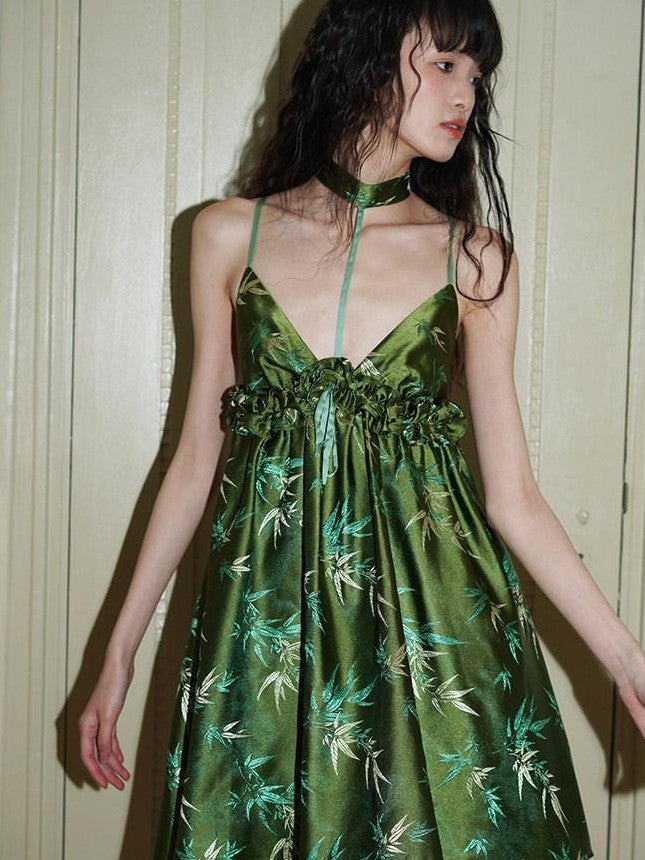 badtaste Green New Chinese Bamboo Leaf Jacquard Halter A Line Women's Slip Mini Dresses