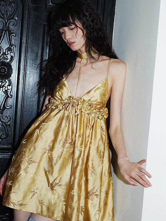 badtaste Green New Chinese Bamboo Leaf Jacquard Halter A Line Women's Slip Mini Dresses