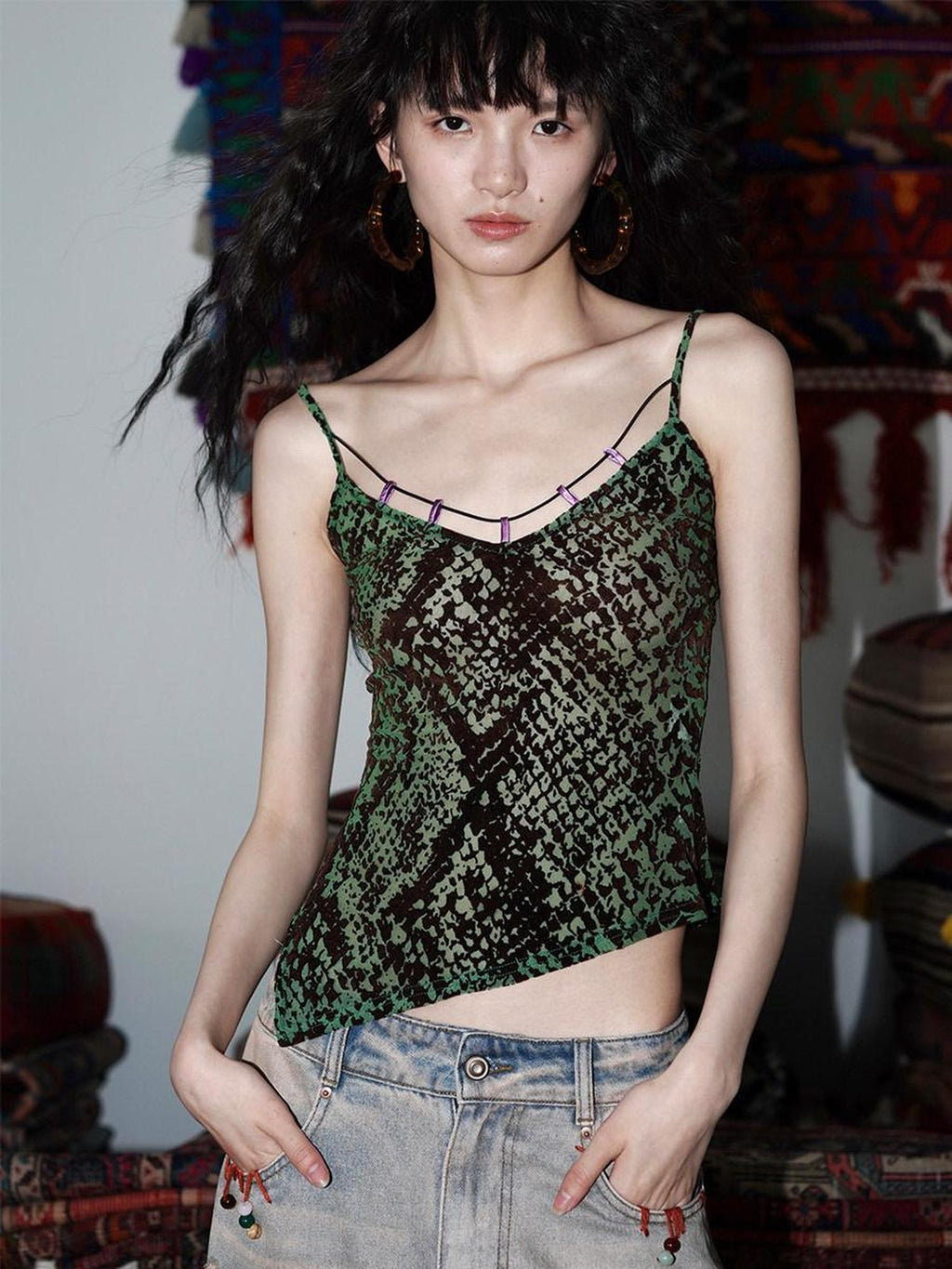 badtaste Green Western Asymmetric Slimming Women's Flocked Velvet Camisoles