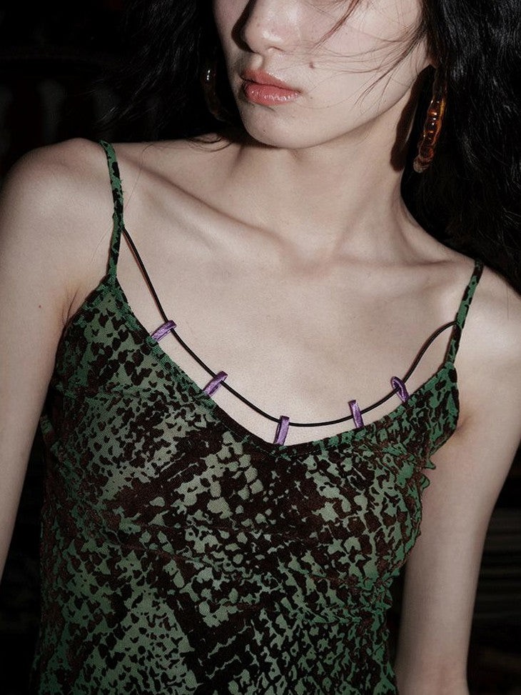 badtaste Green Western Asymmetric Slimming Women's Flocked Velvet Camisoles