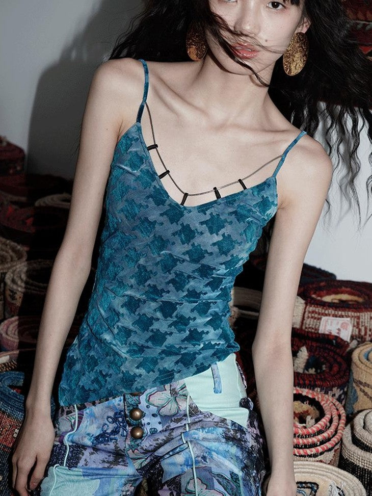 badtaste Green Western Asymmetric Slimming Women's Flocked Velvet Camisoles