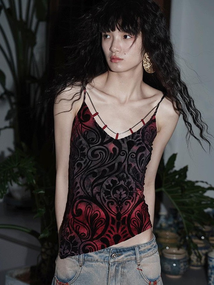 badtaste Green Western Asymmetric Slimming Women's Flocked Velvet Camisoles