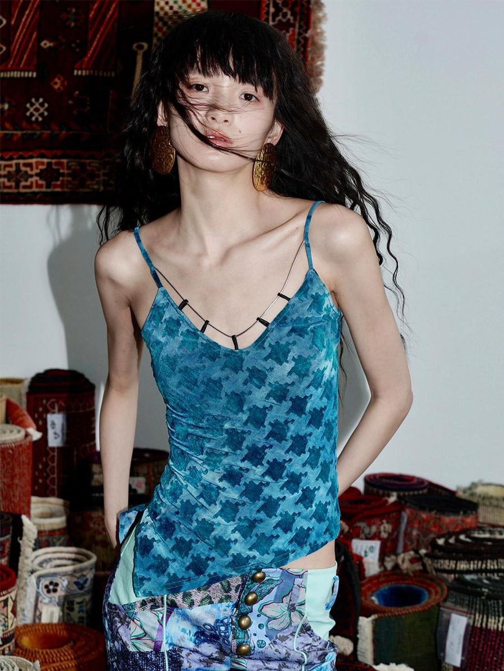badtaste Green Western Asymmetric Slimming Women's Flocked Velvet Camisoles