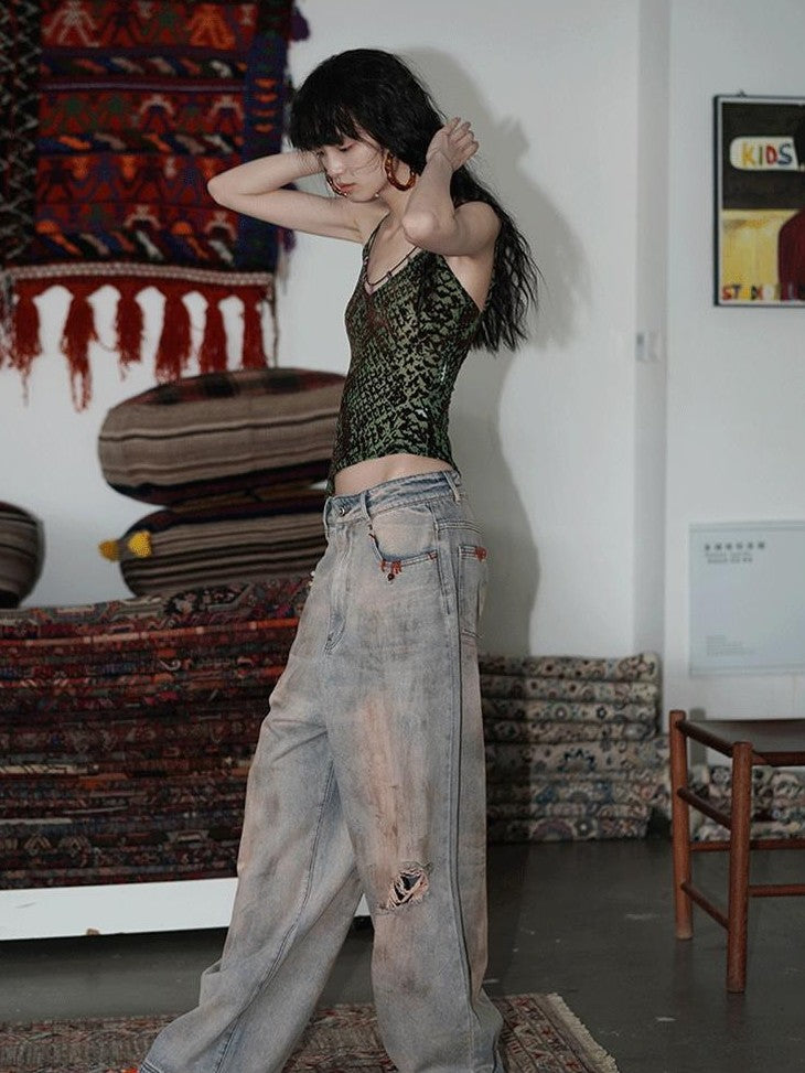 badtaste Green Western Asymmetric Slimming Women's Flocked Velvet Camisoles
