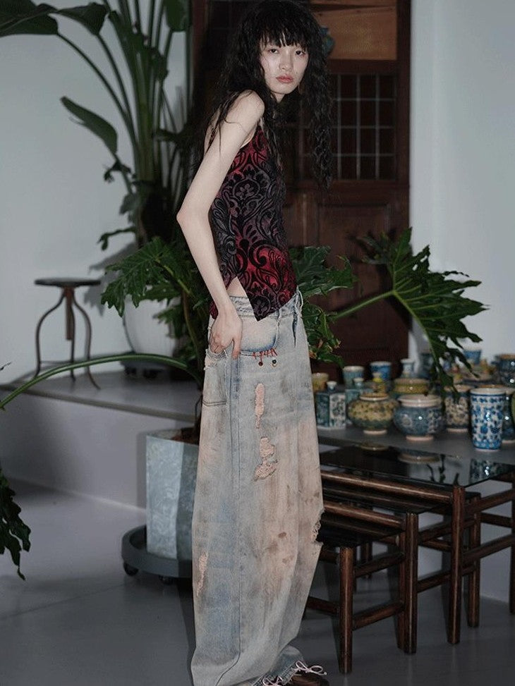 badtaste Green Western Asymmetric Slimming Women's Flocked Velvet Camisoles