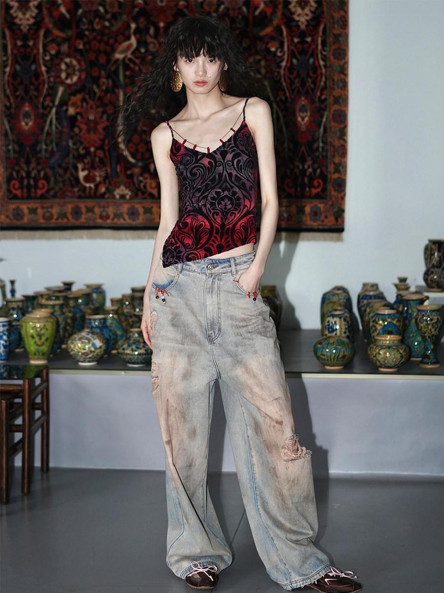 badtaste Green Western Asymmetric Slimming Women's Flocked Velvet Camisoles