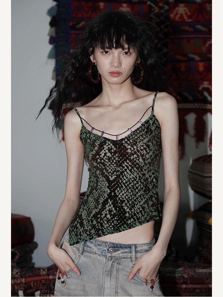 badtaste Green Western Asymmetric Slimming Women's Flocked Velvet Camisoles