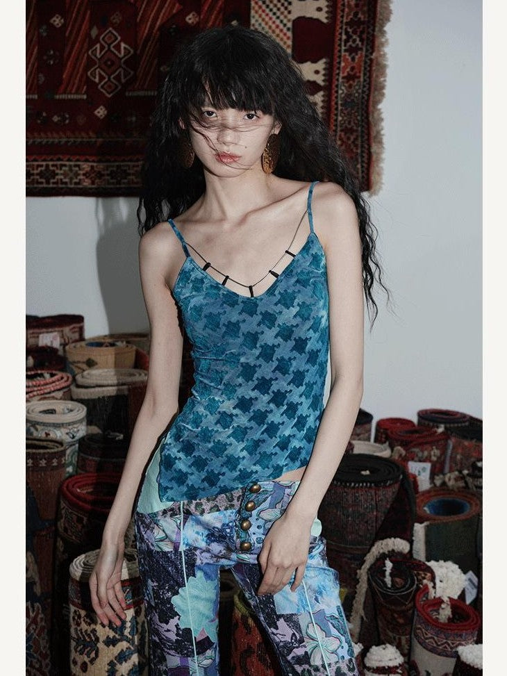 badtaste Green Western Asymmetric Slimming Women's Flocked Velvet Camisoles