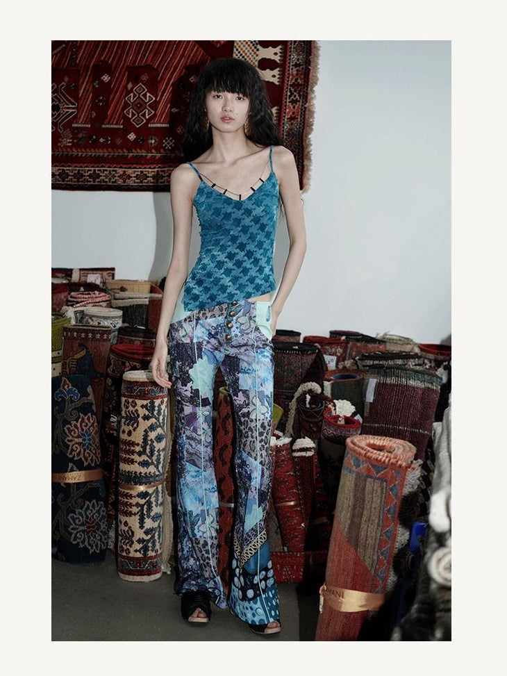 badtaste Green Western Asymmetric Slimming Women's Flocked Velvet Camisoles