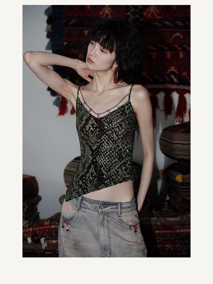 badtaste Green Western Asymmetric Slimming Women's Flocked Velvet Camisoles
