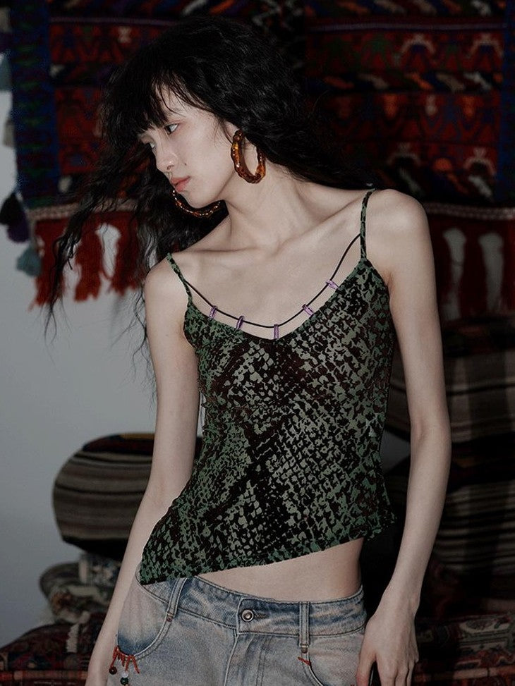 badtaste Green Western Asymmetric Slimming Women's Flocked Velvet Camisoles