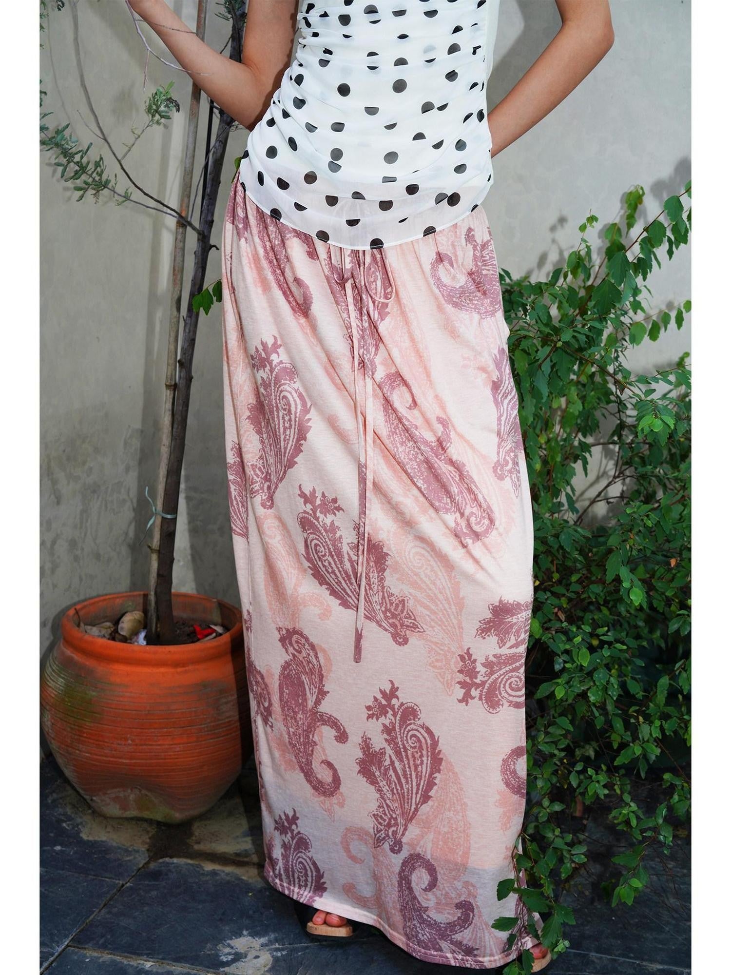 badtaste Heather Grey Paisley Knit Straight Low Waist Women's Lyocell Maxi Skirts